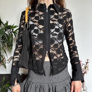 Sexy Black Office Siren Sheer Lace Vintage Double Zip Up Blouse 00s Sade Style