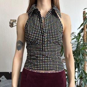 Sexy Halter Polka Dot Blouse Sleeveless V-neck Collared Top 00s