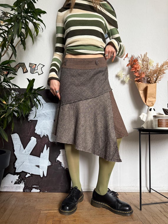 Plaid Patchwork Asymmetrical Fall Skirt Academia … - image 1