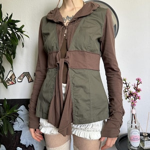 Vintage Khaki Avant Garde Mixed Fabric Slim Steampunk Light Jacket Unique Design