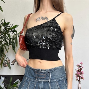Vintage Asymmetrical Sequins Knit Crochet Top 90s Inspired