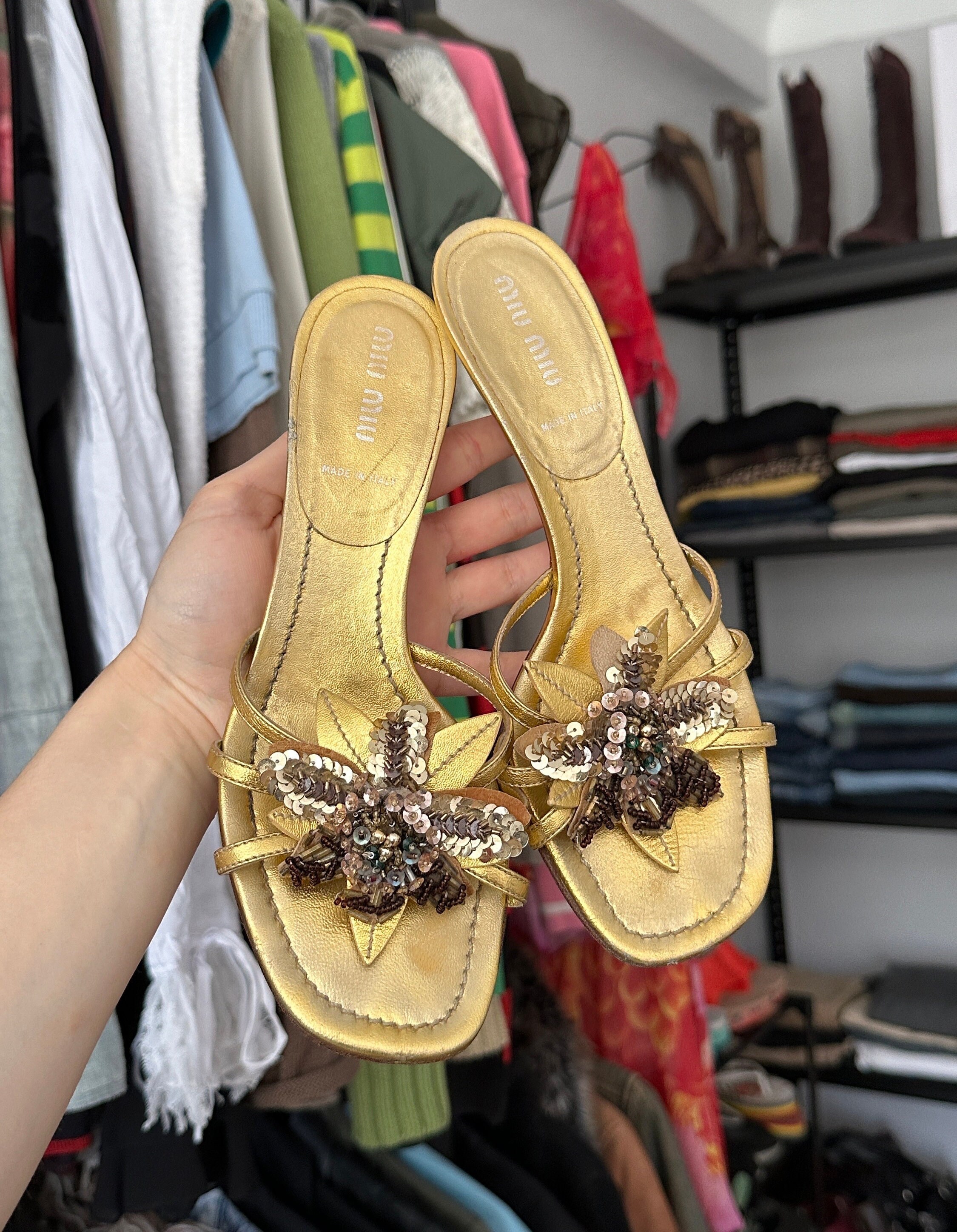 Vintage Miu Miu 90s Mules Golden Floral Sequins Kitten Heels Vintage Miu Miu 90s Mules Golden Floral Sequins Kitten Heels