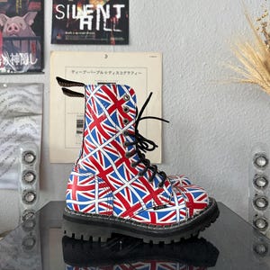 Vintage stalen Britse vlag patroon lederen gevechtslaarzen platform stalen neus cyberpunk steampunk stijl
