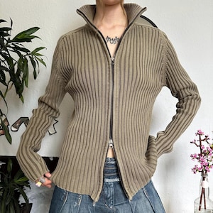 Vintage Y2K Ribbed Stone Washed Double Zip Up Sweater