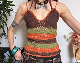 Hippie Crochet Macrame Striped Top 70s Inspired