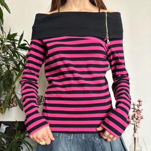 Punk Emo Shouldered Pink&Black Stripe Long Sleeve Top
