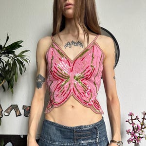 Haut dos nu d&#39;été vintage papillon perlé et sequins