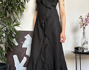 Linen Ruffled Maxi Dress Cottage Coquette Retro Core