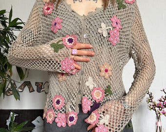 Vintage Floral Knit Crochet Net Cardigan Flower Hippie Pattern