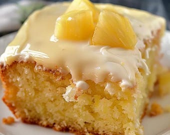 Op de afbeelding: Een stuk ananas-omgekeerde cake op een wit bord. De cake heeft een goudgele kruim, gegarneerd met een romige glazuur en stukjes ananas. Het bord staat op een houten oppervlak.