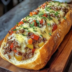 May include: A baked loaf of bread filled with ground meat, diced red and yellow bell peppers, and melted cheese. Garnished with fresh green herbs, the dish sits on a wooden cutting board. The bread has a golden-brown crust.