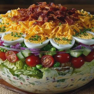Könnte beinhalten: Eine große Glasschüssel gefüllt mit einem bunten Salat. Schichten umfassen Salat, Tomaten, Gurken, Erbsen, rote Zwiebeln und hartgekochte Eier. Der Salat ist mit geriebenem Cheddar-Käse und knusprigem Speck belegt.