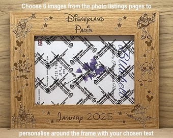 Cornice per foto personalizzata Disney Holiday incisa con 6 personaggi a tua scelta, personalizzata attorno alla cornice