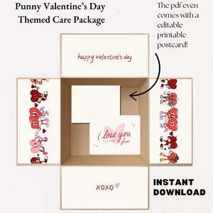 May include: Printable Valentine's Day care package with a cute cartoon design. The package includes a card that says "I love you forever" and a postcard that says "Happy Valentine's Day".