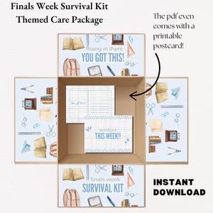 Puede incluir: Un paquete de cuidado imprimible para la semana de exámenes finales. El paquete incluye una postal imprimible con el texto "¡Aguanta, lo tienes!" y una hoja imprimible con el texto "¡Mucha suerte esta semana!" El paquete está decorado con un patrón azul y blanco de libros, lápices y otros útiles escolares.