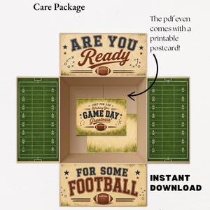 May include: A football-themed care package with the text "ARE YOU READY" and "FOR SOME FOOTBALL". The package includes a printable postcard with the text "GAME DAY Greatness!" and football field graphics. The words "INSTANT DOWNLOAD" are also visible.