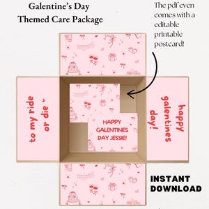 May include: A printable Galentine's Day care package with a pink and white pattern. The package includes a card that says "Happy Galentines Day Jessie!" and a box with the text "to my ride or die". The text "happy galentines day!" is on the side of the box. The text "INSTANT DOWNLOAD" and "jenny lou" is at the bottom of the image.