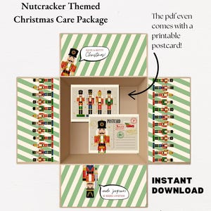 Puede incluir: Paquete de cuidado navideño con temática de Cascanueces imprimible con una postal que dice "Have a Nutty Christmas!" y "Holiday Cheer is Never a Bad Notion". El paquete está decorado con rayas verdes y blancas e ilustraciones de cascanueces. También se incluye el texto "Descarga instantánea" y "Jenny Lou".