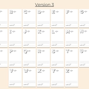 May include: A printable alphabet chart with 26 cards, each featuring a letter of the alphabet in a bold, black font. Each card has a space to write the letter's sound and a word that starts with that letter. The text "is for" appears next to each letter.