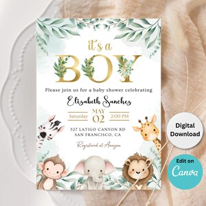 Invitación editable de baby shower de safari, tema de animales de la jungla con hojas tropicales, plantilla personalizable de Canva de 5 x 7, descarga digital, imprimible