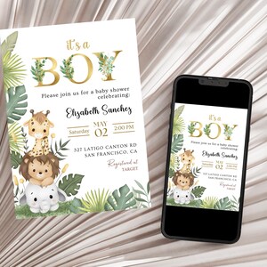 Invitación editable de baby shower de safari, tema de animales de la jungla con hojas tropicales, plantilla personalizable de Canva de 5 x 7, descarga digital, imprimible