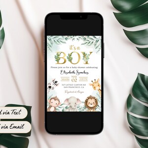 Invitación editable de baby shower de safari, tema de animales de la jungla con hojas tropicales, plantilla personalizable de Canva de 5 x 7, descarga digital, imprimible