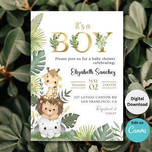 Invitación editable de baby shower de safari, tema de animales de la jungla con hojas tropicales, plantilla personalizable de Canva de 5 x 7, descarga digital, imprimible