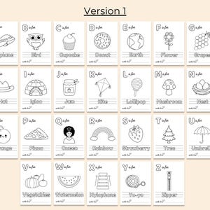 Op de afbeelding: Zwart-witte alfabetkaarten met illustraties van verschillende objecten voor elke letter. De letters zijn in hoofdletters en de woorden staan onder de illustraties. De woorden zijn "A is voor Vliegtuig", "B is voor Vogel", "C is voor Cupcake", "D is voor Donut", "E is voor Aarde", "F is voor Bloem", "G is voor Druiven", "H is voor Hoed", "I is voor Igl&uacute;", "J is voor Jam", "K is voor Vlieger", "L is voor Lollipop", "M is voor Paddenstoel", "N is voor Nest", "O is voor Sinaasappel", "P is voor Pizza", "Q is voor Koningin", "R is voor Regenboog", "S is voor Aardbei", "T is voor Boom", "U is voor Paraplu", "V is for Groenten", "W is voor Watermeloen", "X is voor Xylofoon", "Y is voor Jojo", en "Z is voor Rits".