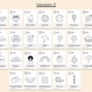 May include: Black and white alphabet flashcards with illustrations of various objects. Each card features a letter of the alphabet, the word for the object, and a simple line drawing of the object. The objects include an airplane, bird, cupcake, donut, earth, flower, grapes, hat, igloo, jam, kite, lollipop, mushroom, nest, orange, pizza, queen, rainbow, strawberry, tree, umbrella, vegetables, watermelon, xylophone, yo-yo, and zipper.