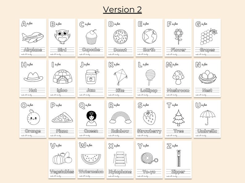 May include: Black and white alphabet flashcards with illustrations of various objects. Each card features a letter of the alphabet, the word for the object, and a simple line drawing of the object. The objects include an airplane, bird, cupcake, donut, earth, flower, grapes, hat, igloo, jam, kite, lollipop, mushroom, nest, orange, pizza, queen, rainbow, strawberry, tree, umbrella, vegetables, watermelon, xylophone, yo-yo, and zipper.