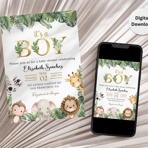 Invitación editable de baby shower de safari, tema de animales de la jungla con hojas tropicales, plantilla personalizable de Canva de 5 x 7, descarga digital, imprimible