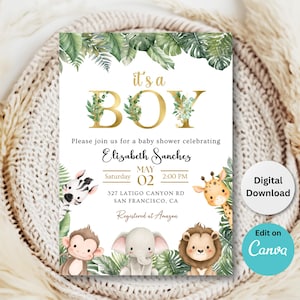 Invitación editable de baby shower de safari, tema de animales de la jungla con hojas tropicales, plantilla personalizable de Canva de 5 x 7, descarga digital, imprimible