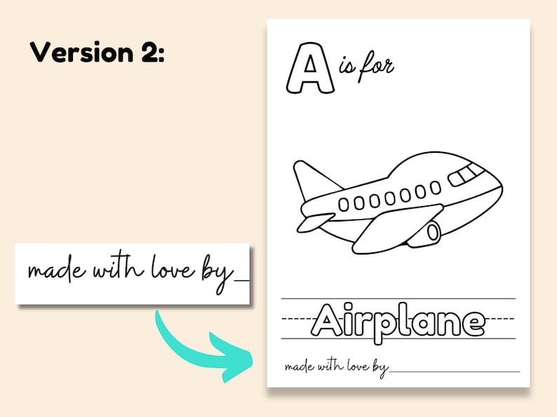 May include: A black and white printable coloring page featuring the letter A and an airplane. The text "A is for Airplane" is written below the image. The text "made with love by" is written at the bottom of the page.