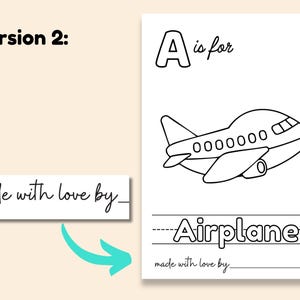 Op de afbeelding: Een zwart-witte printbare kleurplaat met de letter A en een vliegtuig. De tekst "A is voor Vliegtuig" staat onder de afbeelding. De tekst "gemaakt met liefde door" staat onderaan de pagina.
