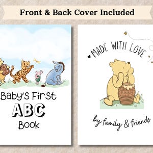 Op de afbeelding: Een Winnie de Poeh-thema baby's eerste ABC-boek met een vooromslag met Winnie de Poeh, Tigger, Biggetje en Eeyore. De achterkant toont Winnie de Poeh met een pot honing en de tekst "Made with Love by family & friends".