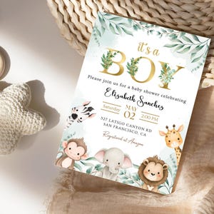 Invitación editable de baby shower de safari, tema de animales de la jungla con hojas tropicales, plantilla personalizable de Canva de 5 x 7, descarga digital, imprimible