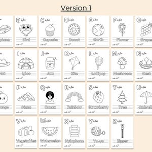 May include: A black and white alphabet chart with illustrations for each letter. The chart includes images of an airplane, bird, cupcake, donut, earth, flower, grapes, hat, igloo, jam, kite, lollipop, mushroom, nest, orange, pizza, queen, rainbow, strawberry, tree, umbrella, vegetables, watermelon, xylophone, yo-yo, and zipper.