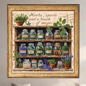 Motif de point de croix d'herbes et d'épices – étagère de cuisine vintage, pots d'herbes botaniques, décoration d'intérieur Cottagecore – formats PDF et SAGA
