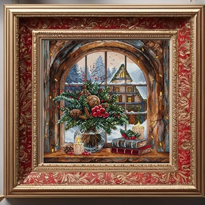 Cozy Christmas Morning Cross Stitch Pattern with Bouquet & Festive View