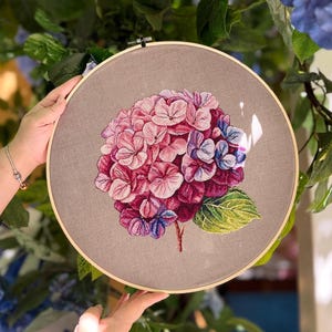 Pink Hydrangea Cross Stitch Pattern, Floral Botanical Embroidery (PDF Download)