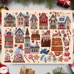 Puede incluir: Ilustración festiva con casas coloridas cubiertas de nieve, pasteles, caramelos y figuras de pan de jengibre. La obra tiene un tema navideño, con un fondo beige claro.