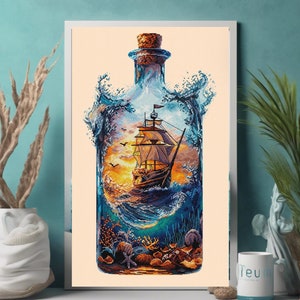 Maritimes Segelschiff in einer Flasche Kreuzstichmuster - Bunter Windfänger