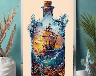 Nautical Sail Ship in a Bottle Cross Stitch Pattern - Colorful Wind Catcher