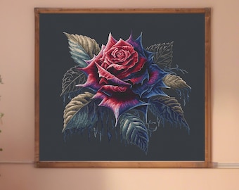 Gothic Rose Cross Stitch Pattern PDF, Dark Floral Embroidery Design, Instant Download