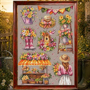 Pode incluir: Um padrão de ponto cruz emoldurado apresentando uma coleção de ilustrações com tema de primavera, incluindo um regador com flores, um chapéu de palha, uma casa de pássaros, um suporte de flores e uma banca de flores com uma pessoa.