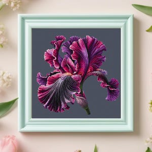 May include: A framed cross-stitch embroidery of a single purple iris flower with a dark gray background.