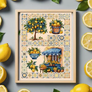 May include: A framed cross-stitch design featuring a lemon tree, a lemon stand, and lemons in bowls and baskets. The background is a pattern of colorful tiles.