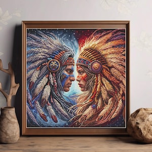 Può includere: Un primo piano di un dipinto che raffigura due persone indigene americane con copricapi tradizionali. La persona a sinistra indossa un copricapo blu e bianco con piume, mentre la persona a destra indossa un copricapo rosso e giallo con piume. Entrambe le persone si guardano.