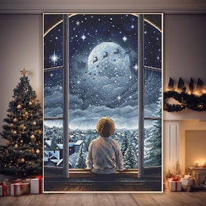 May include: A child sits by a window looking out at a snowy winter scene. The moon is full and Santa's sleigh is flying across the sky.