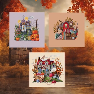 May include: Three illustrated houses with different themes. The first house is a purple and green Halloween house with a jack-o-lantern and a spider web. The second house is a red and brown house with a telescope and a clock. The third house is a brown and green house with a red roof and a bird on the chimney.